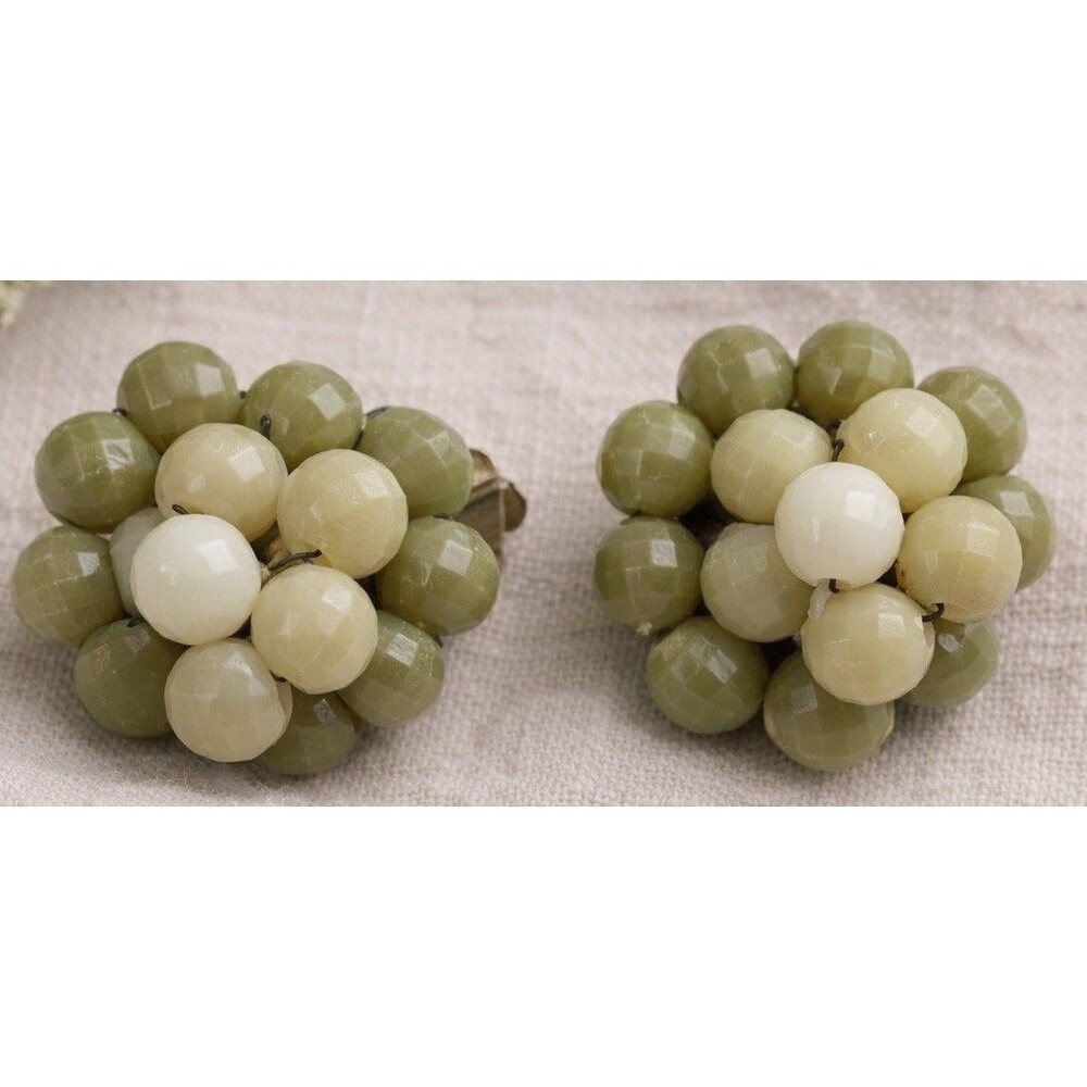 Vintage 1950s Lucite Cluster Clip On Earrings Green Cream Bead Dome Hong Kong